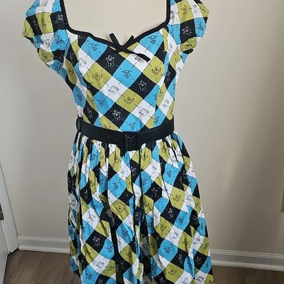 Vintage-Inspired Blue, Green & Black Check Fit-and-Flare Dress - Picture 4 of 9